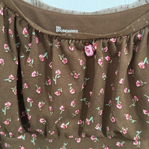 No Boundaries Mini Dress XXL Brown Pink Floral Rosette Cottage Fairy Babydoll - Picture 6 of 12